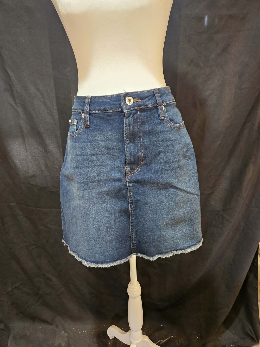 DKNY Dark Blue Denim Mini Skirt with Frayed Hem